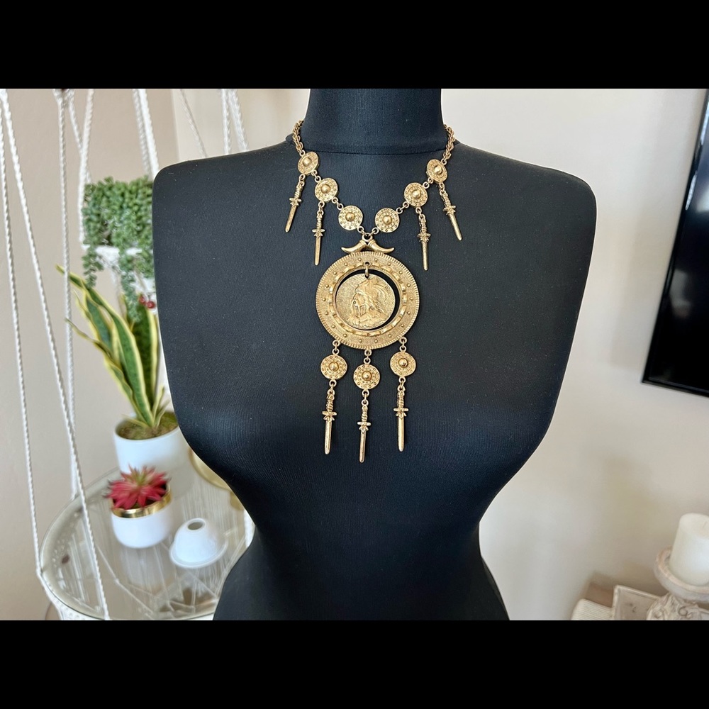 Vintage 70s Trifari Gold Medallion Medieval Viking Warrior Statement Necklace
